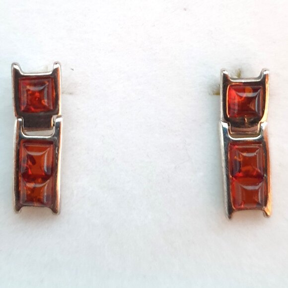 Vintage Genuine Baltic Cognac Amber Three Stone 925 Sterling Silver Stud Earring - Picture 3 of 9